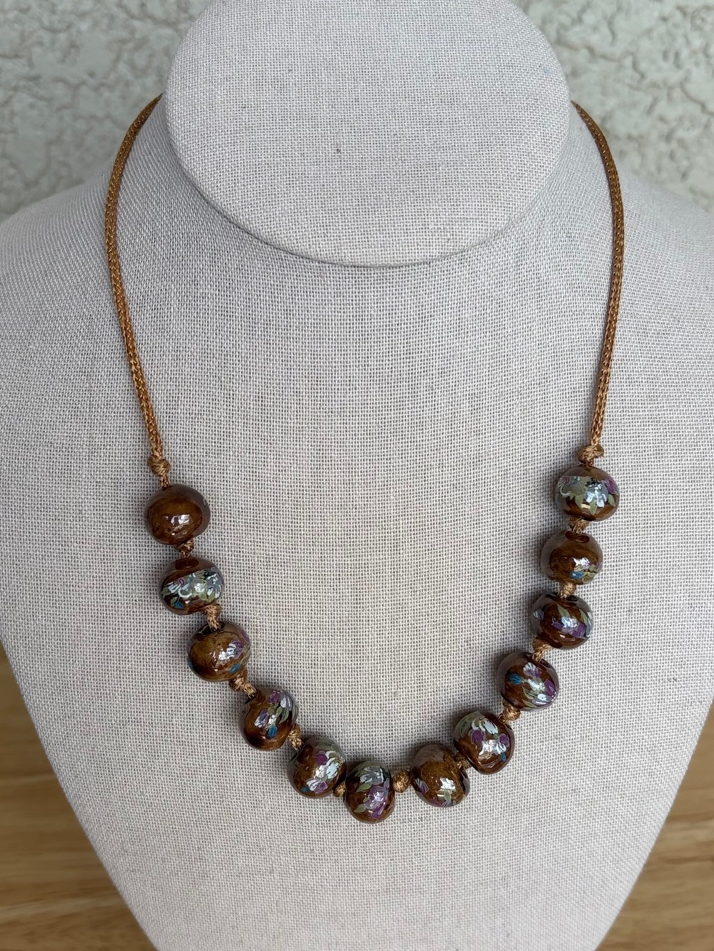 Hand-Painted Brown & Iridescent Beaded Necklace